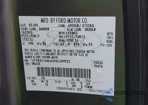 2004 Ford F-150 Stx/Xl/Xlt z USA, uszkodzony, nr VIN 1FTRX14W44NC09922